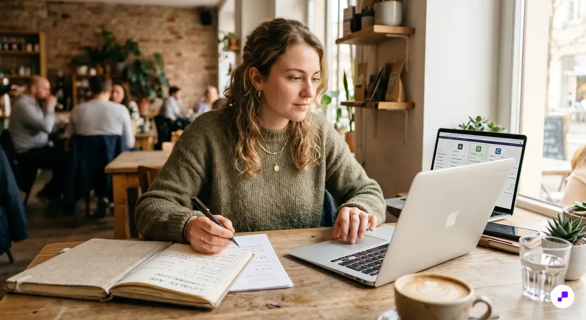 Minimalist desktop workspace with laptop dashboard, smartphone, and notebook for comparing loyalty app options