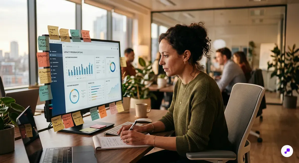 Minimalist desktop workspace with laptop dashboard, smartphone, and notebook for comparing loyalty app options