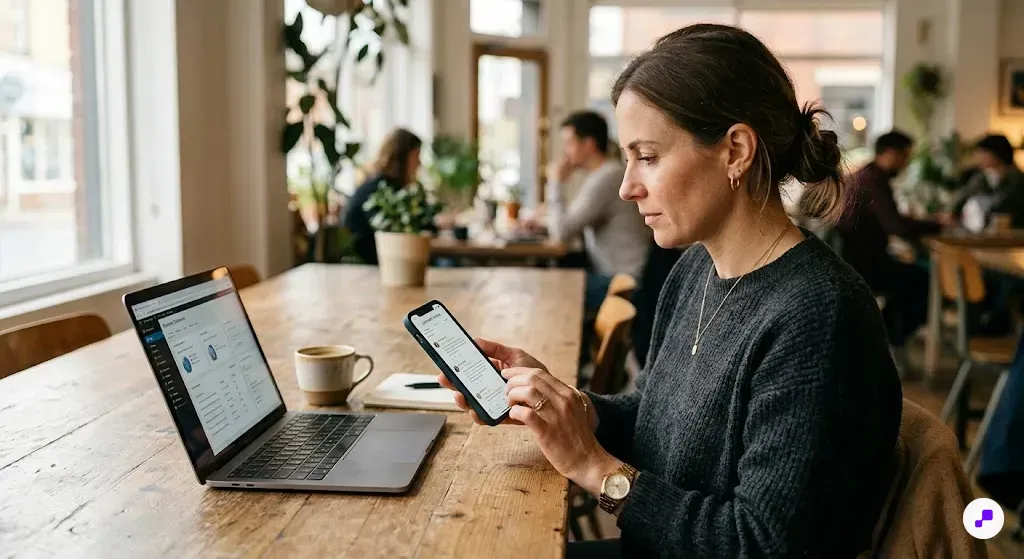 Minimalist desktop workspace with laptop dashboard, smartphone, and notebook for comparing loyalty app options