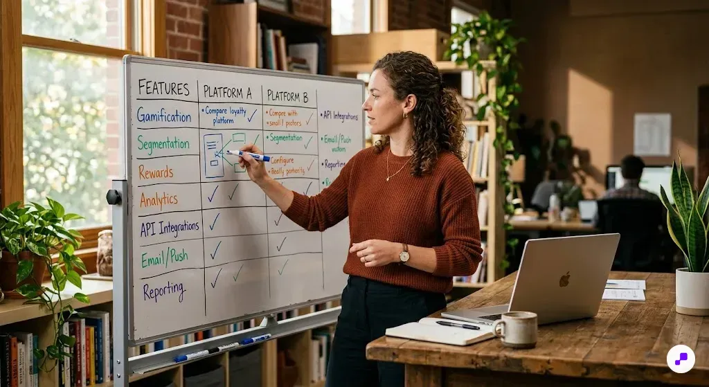 Minimalist desktop workspace with laptop dashboard, smartphone, and notebook for comparing loyalty app options