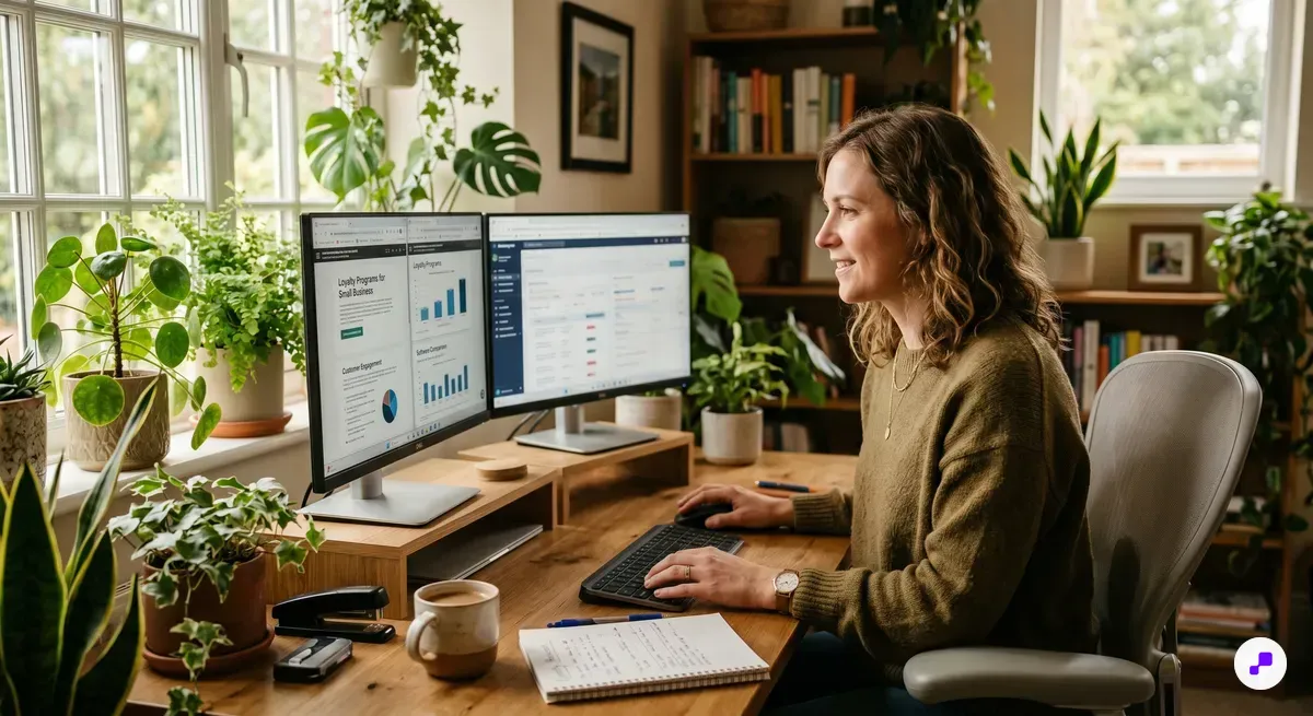 Minimalist desktop workspace with laptop dashboard, smartphone, and notebook for comparing loyalty app options