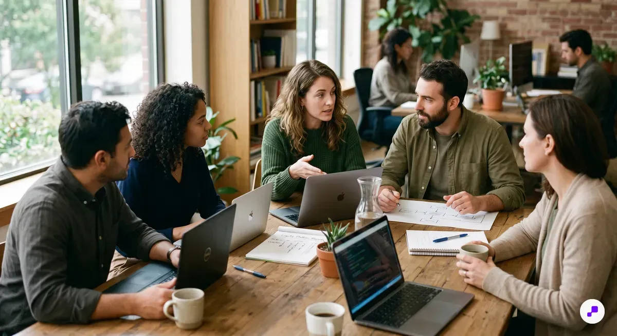 Minimalist desktop workspace with laptop dashboard, smartphone, and notebook for comparing loyalty app options