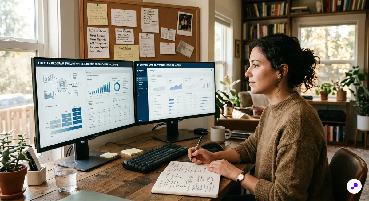 Minimalist desktop workspace with laptop dashboard, smartphone, and notebook for comparing loyalty app options