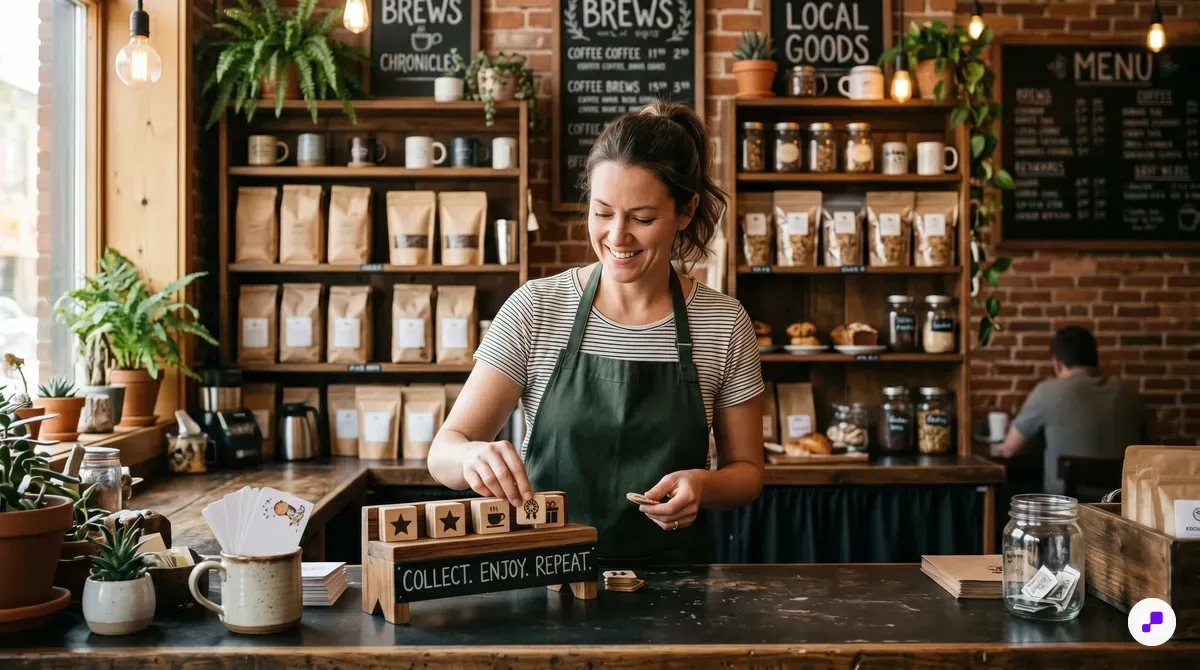 Baby boutique owner setting up loyalty rewards display with pastel products