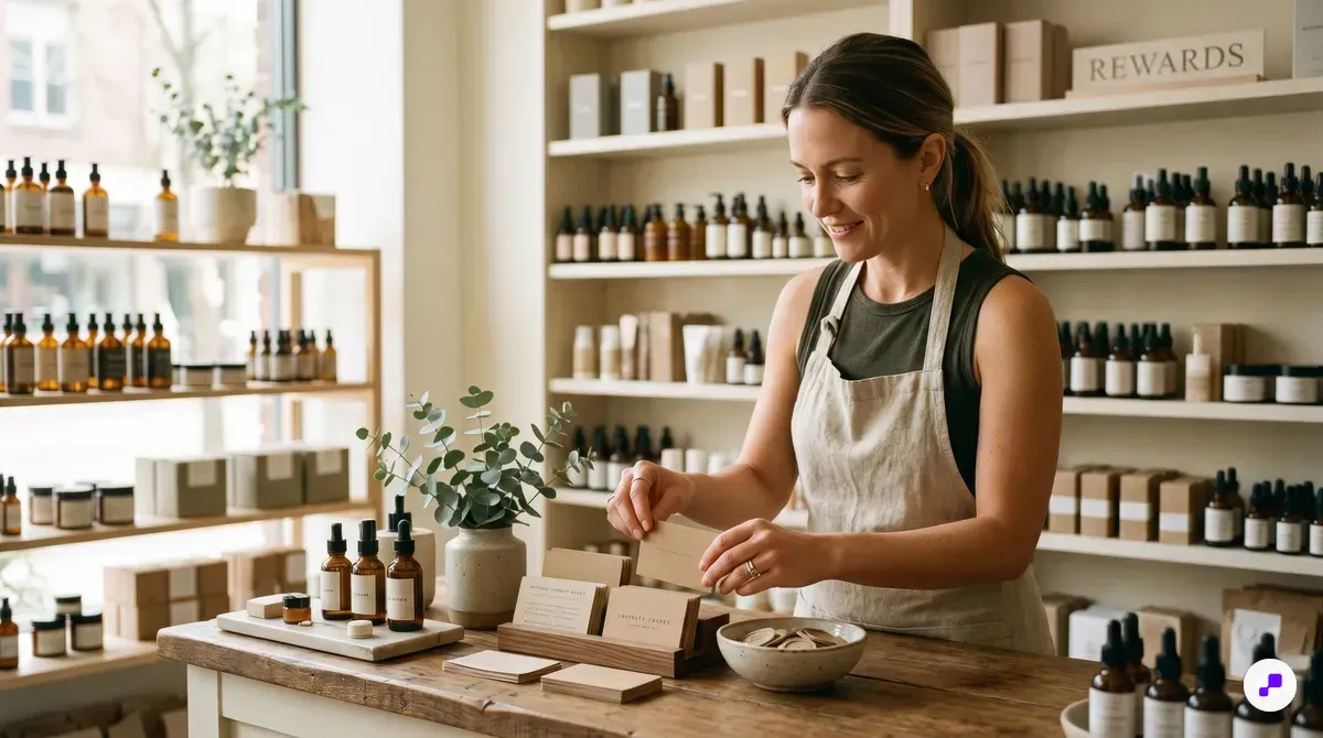 Coffee shop owner setting up loyalty program display at artisan counter
