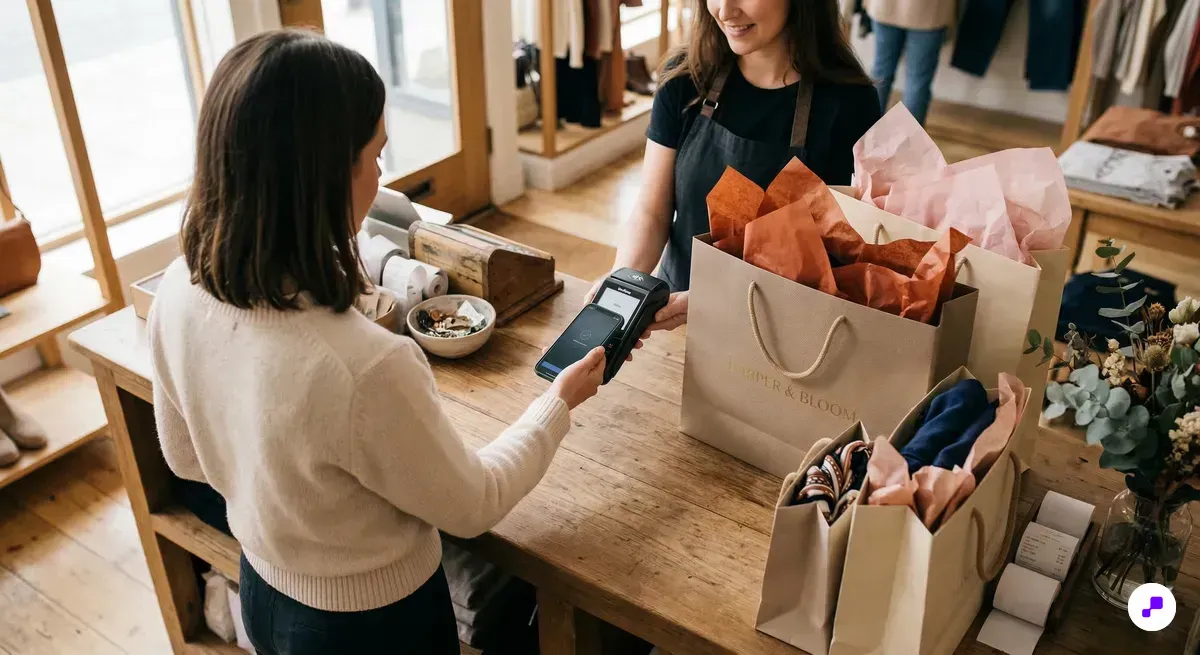 Omnichannel loyalty program fashion customer tapping phone at retail POS checkout