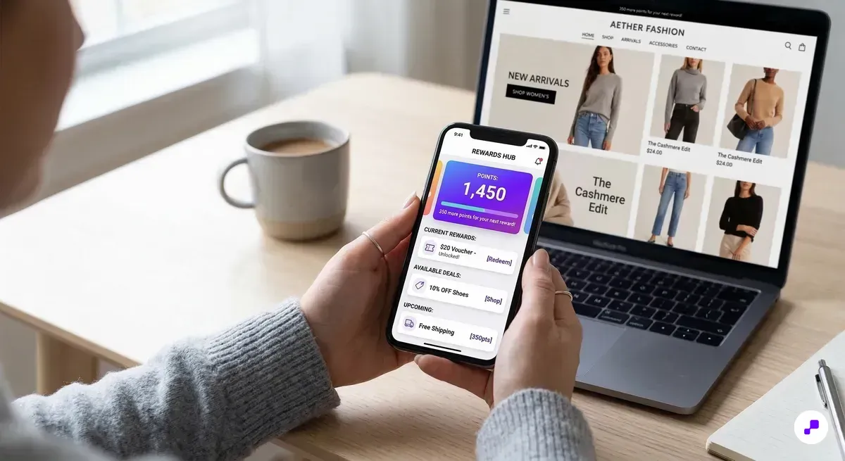 Unified loyalty program apparel showing rewards on phone and online store on laptop