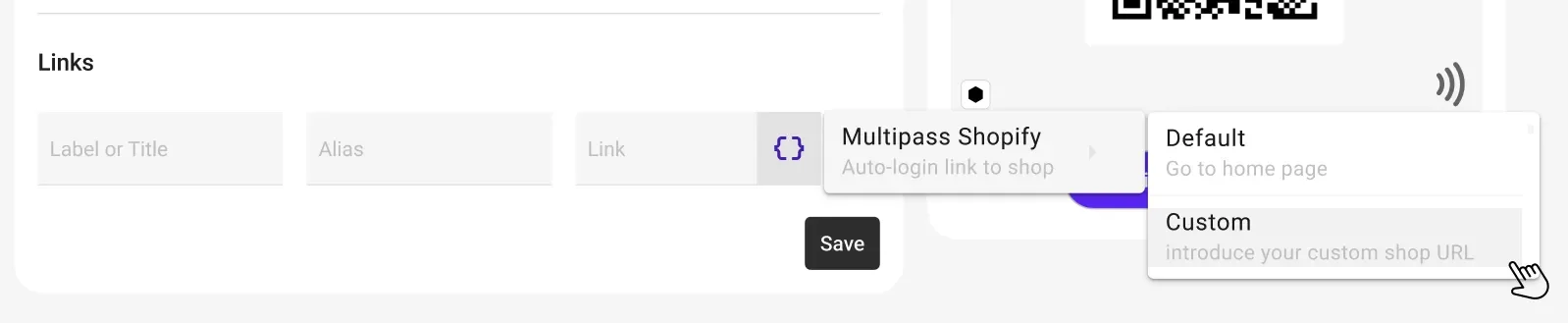 JeriCommerce wallet card link editor with the Multipass Shopify auto-login variable, offering Default (home page) or Custom shop URL
