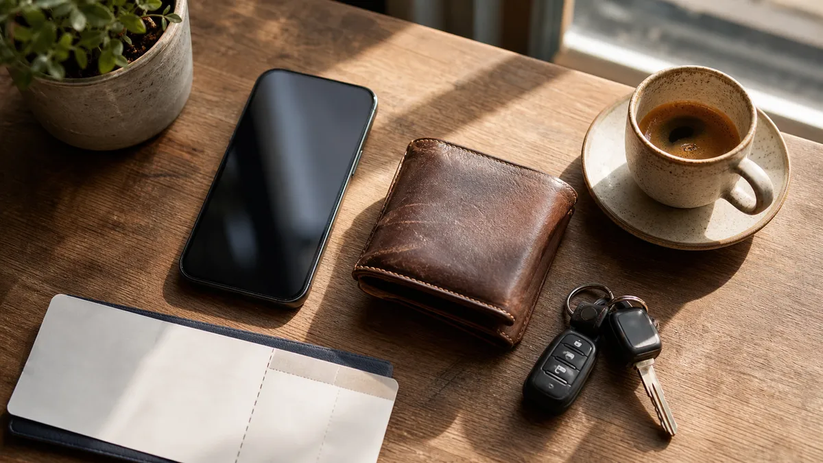 Smartphone alongside everyday essentials on a cafe table, illustrating how a digital wallet loyalty program lives next to the things customers already carry