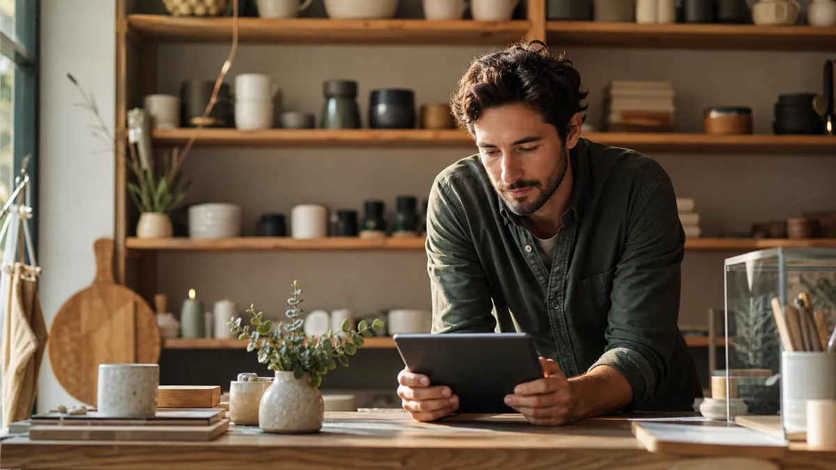 Merchant reviewing their digital wallet loyalty program performance on a tablet in their lifestyle goods store