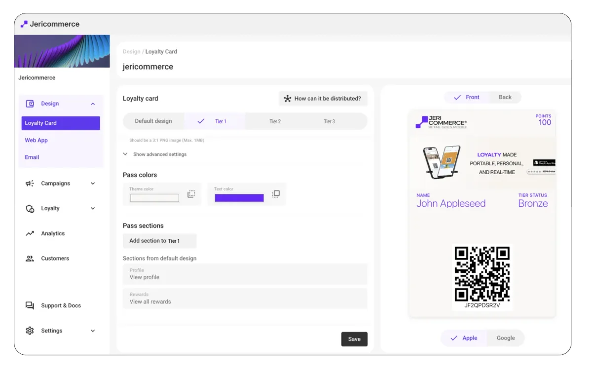 JeriCommerce loyalty card designer with a Tier 1 design and the Apple Wallet card preview showing 100 points and Bronze tier status