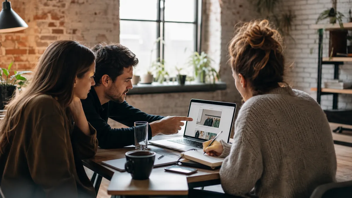 Ecommerce team reviewing a Klaviyo loyalty program email campaign on a laptop in a warm loft workspace