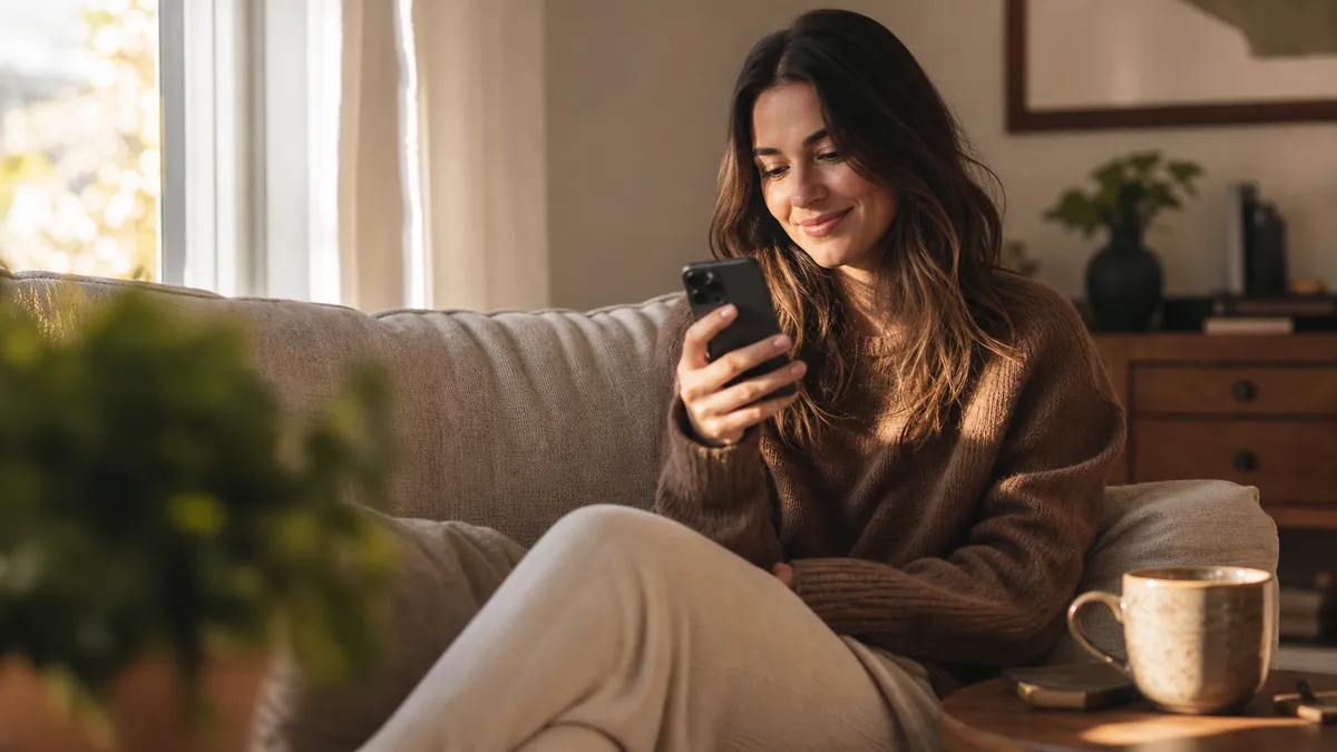 Customer reading a loyalty program email triggered by a Klaviyo flow on her phone at home