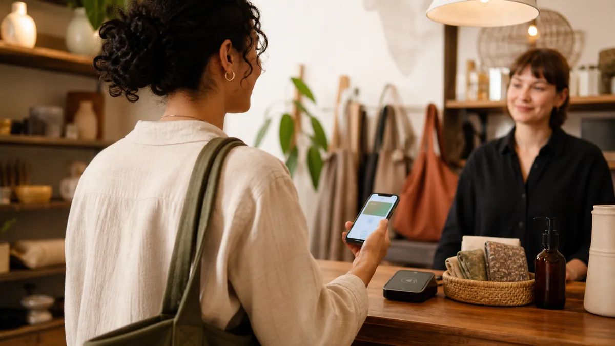 Customer approaching a boutique checkout with a location-based marketing Wallet pass ready to scan