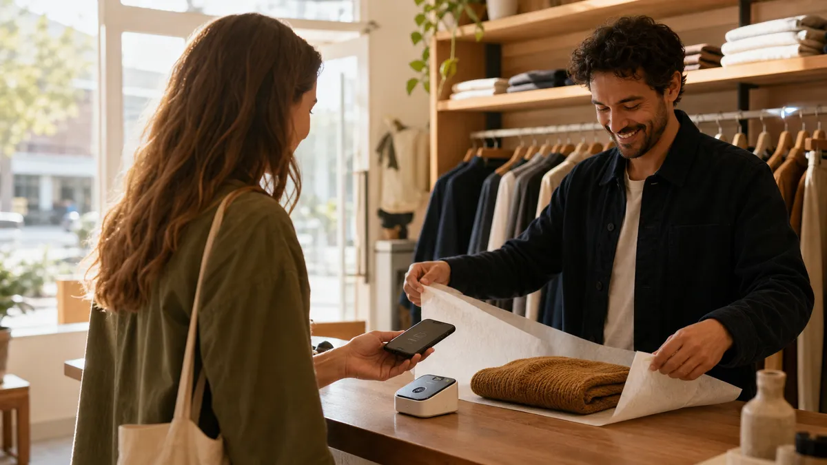 Customer tapping their phone on a contactless reader at a boutique to use a mobile wallet loyalty program pass