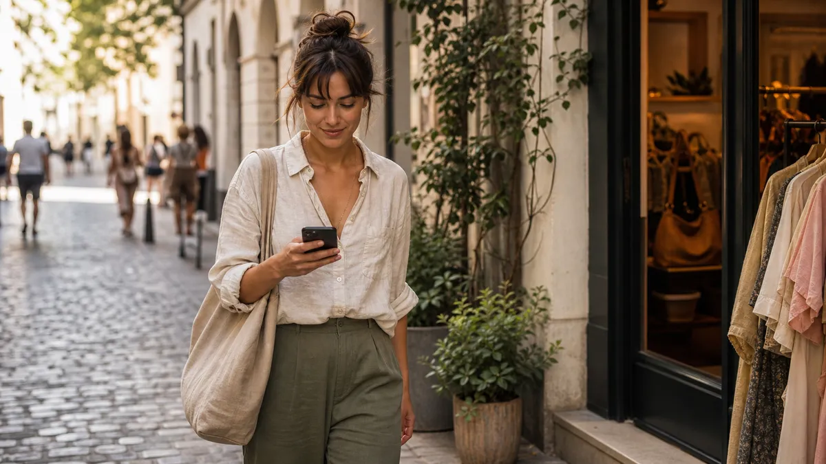 Shopper glancing at a wallet pass loyalty notification on her phone as she passes a boutique storefront