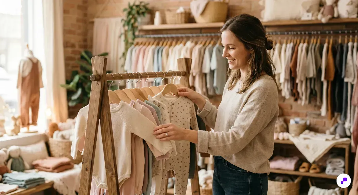 Parent browsing baby clothing rewards at a kids boutique store