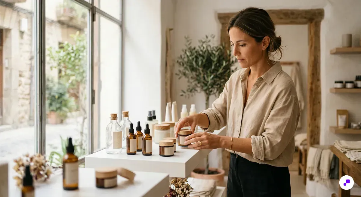 Beauty store owner arranging skincare loyalty rewards on display shelf