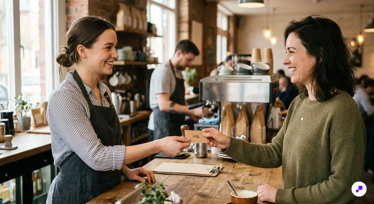 Barista handing loyalty reward card to customer at a coffee shop counter