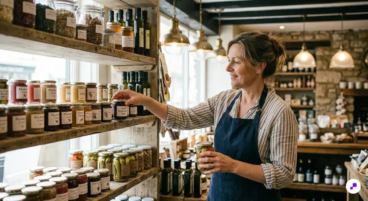 Gourmet food shop owner curating artisan products for loyalty rewards