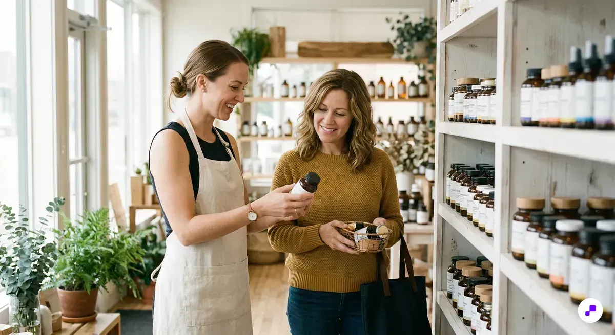 Wellness store staff helping customer choose supplement rewards
