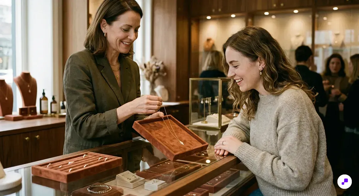 Jeweler presenting a delicate necklace to a customer at a boutique display counter