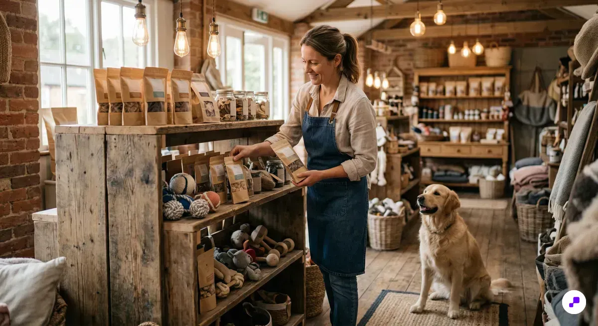 Pet shop owner organizing premium treats on wooden shelf with golden retriever nearby