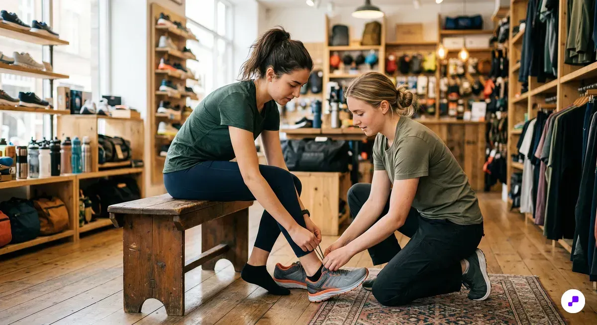 Sports store employee helping customer try on running shoes at retail bench