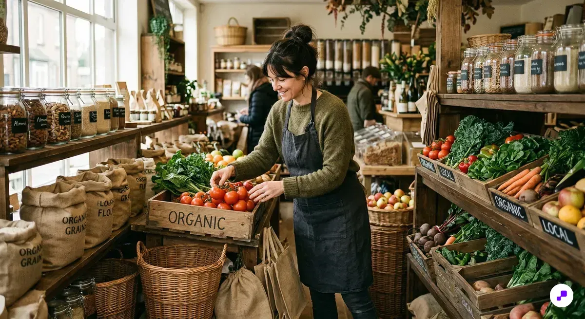 Organic store owner stocking fresh produce on wooden shelves in health food shop