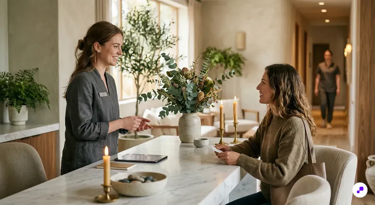 Spa receptionist welcoming client at sleek marble front desk in serene medspa