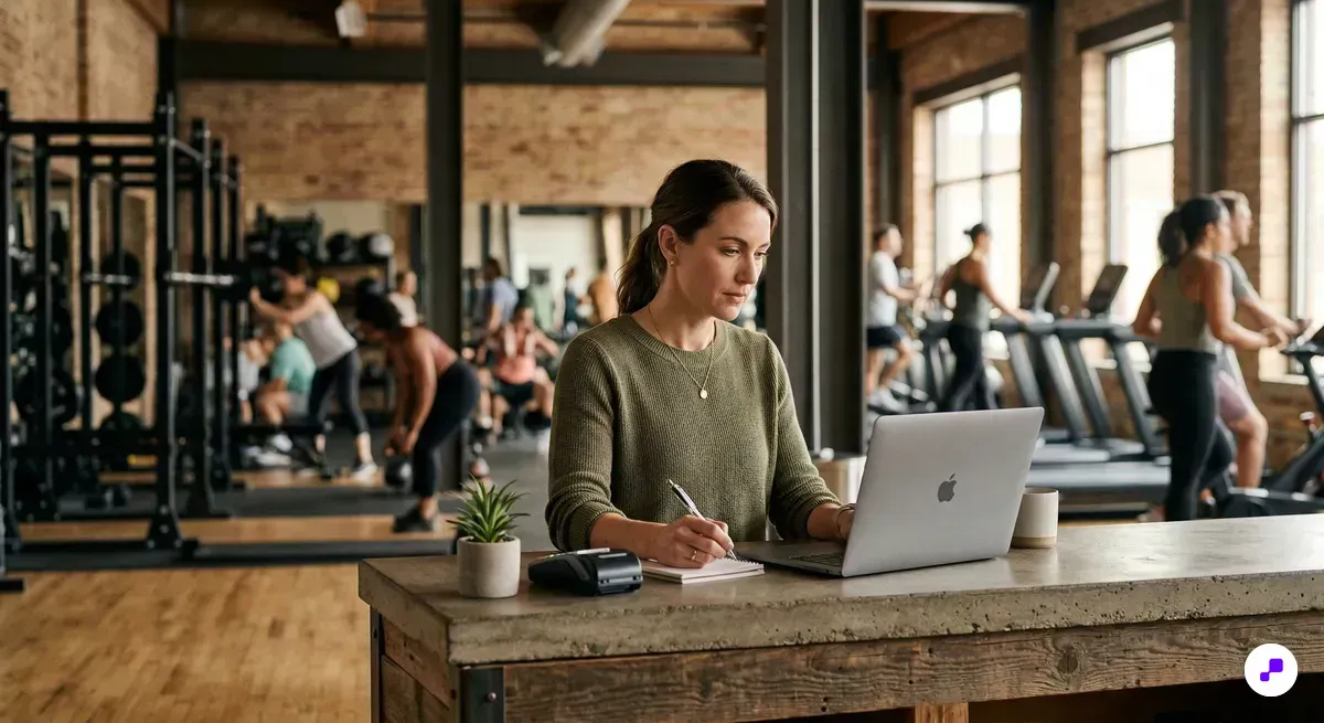 Gym owner reviewing membership analytics on laptop at modern fitness studio front desk