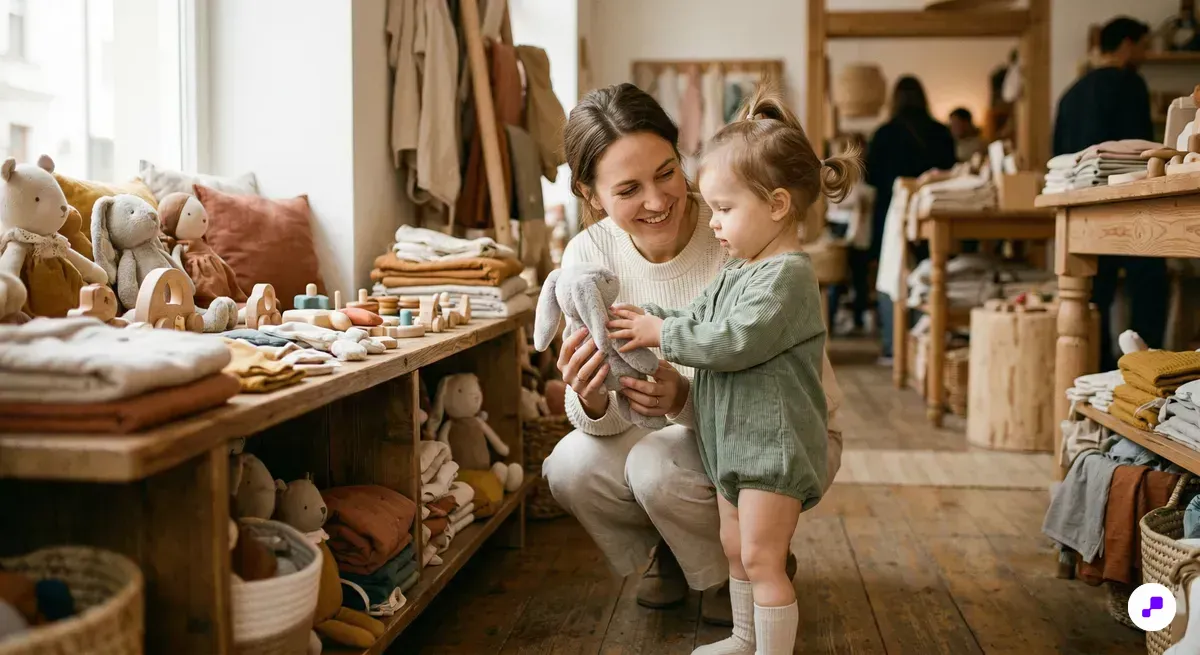 Parent shopping with toddler in a bright baby and kids store examining toys on wooden display shelf