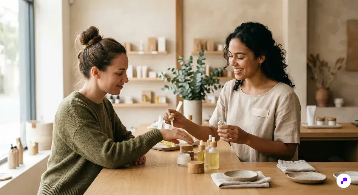 Beauty store associate helping a customer test skincare products at a minimalist counter with natural wood accents