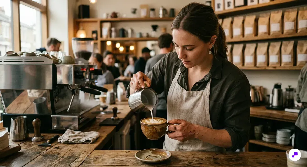 Barista pouring latte art into a ceramic cup at a cozy specialty coffee shop counter