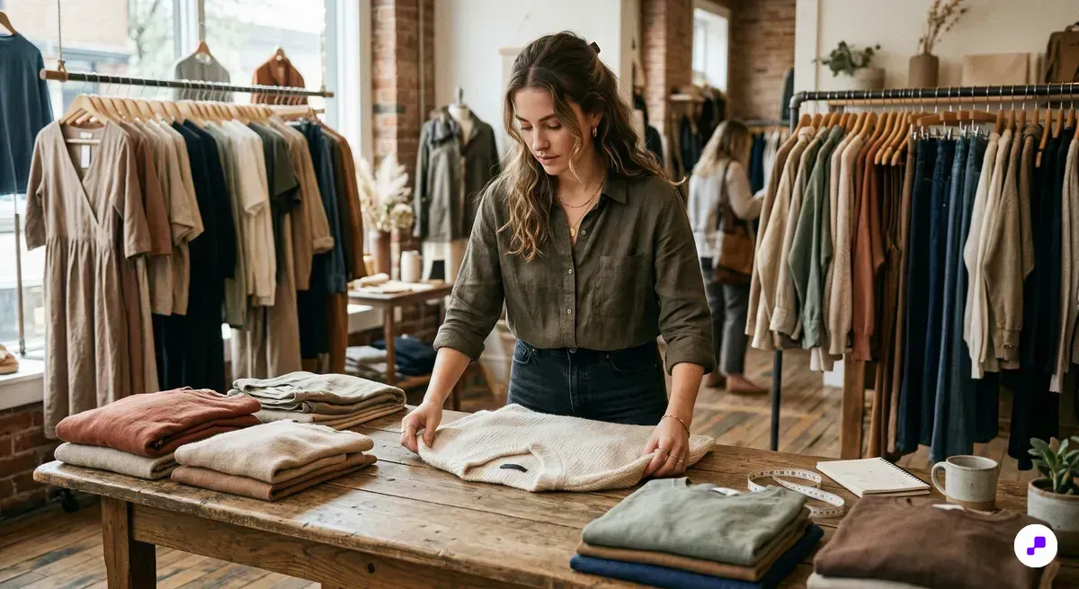 Fashion boutique stylist folding garments on a rustic wooden table with curated clothing racks in the background