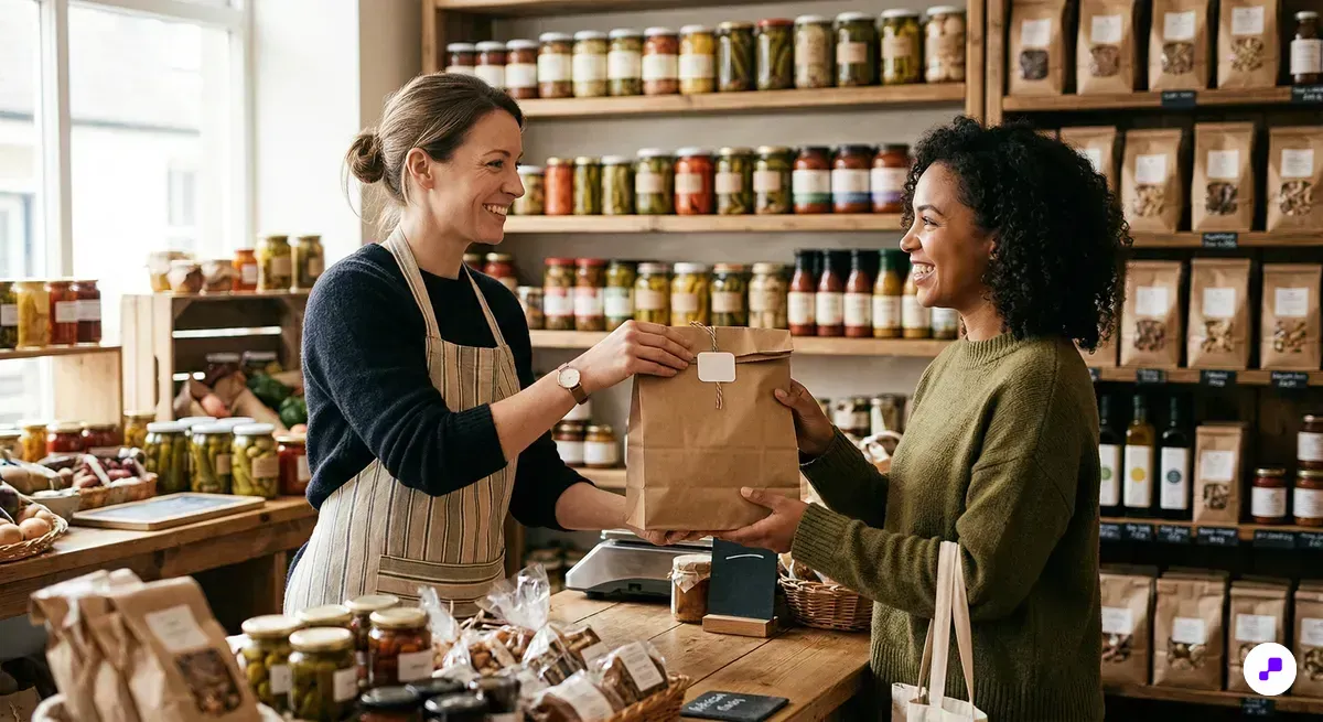 Deli counter worker handing a paper bag of artisan food to a smiling customer with shelves of jars behind