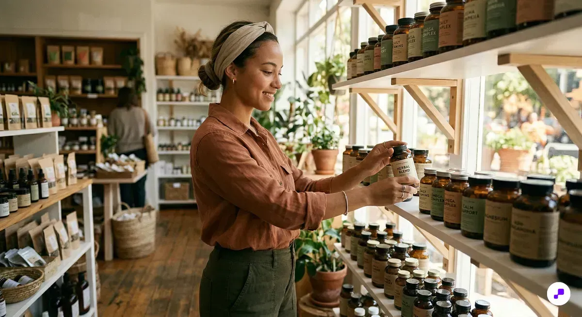 Home decor store owner adjusting a ceramic vase on a styled wooden shelf display with soft morning light