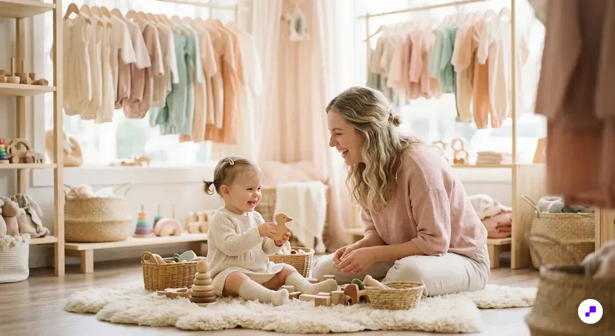 Mother and toddler playing together in a bright children boutique surrounded by wooden toys and pastel clothing