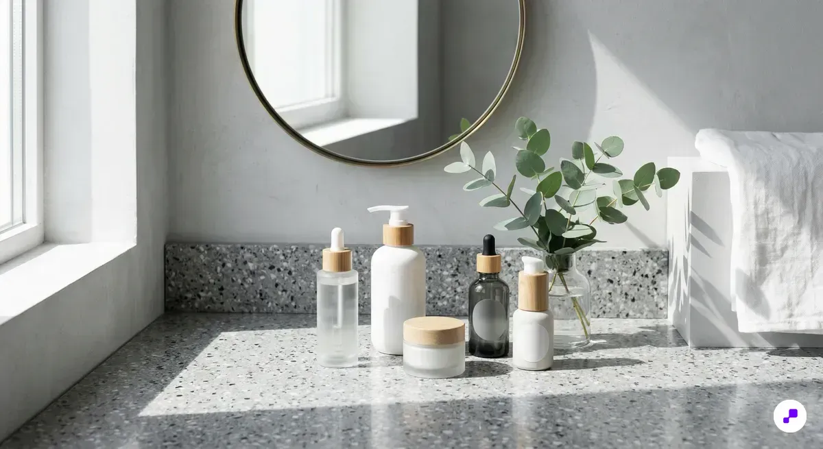 Skincare products arranged on a sleek terrazzo countertop with a round mirror and eucalyptus sprig in bright directional studio light
