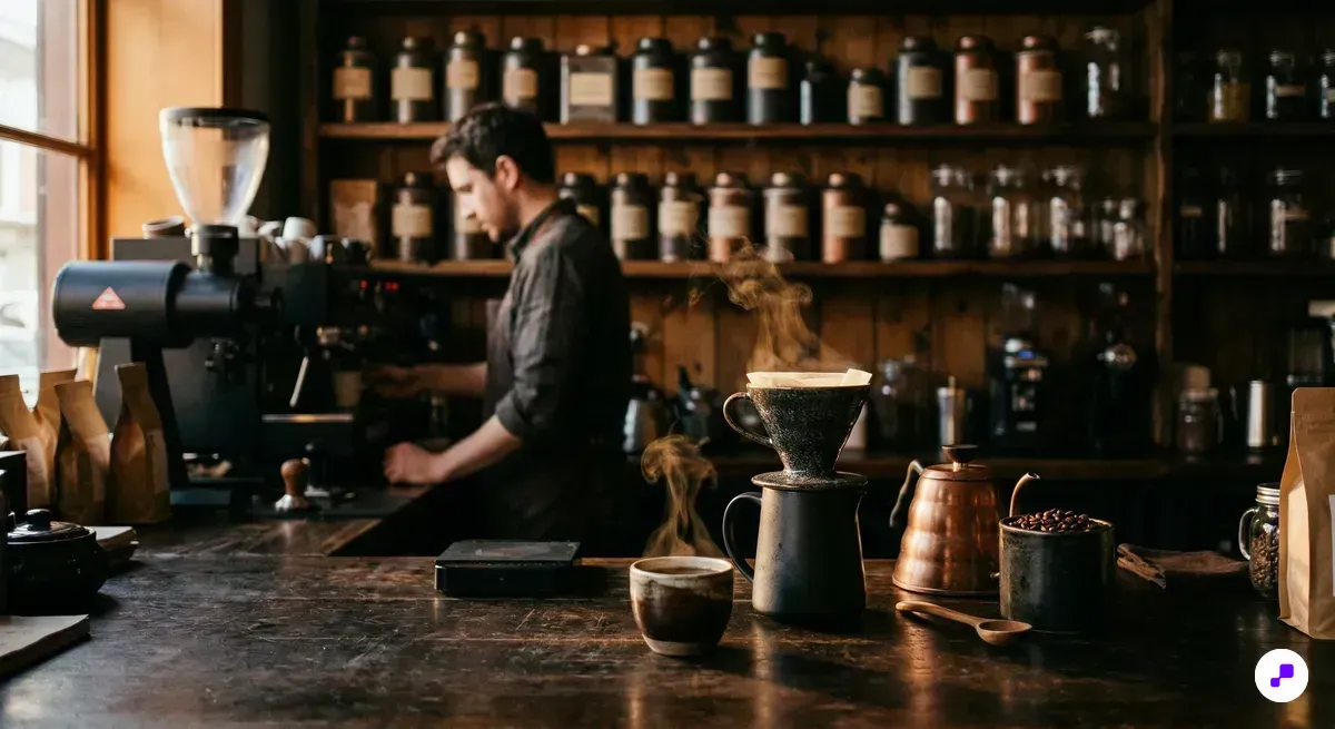 Specialty coffee bar counter with ceramic pour-over dripper and steam rising from a handmade cup in warm amber lighting