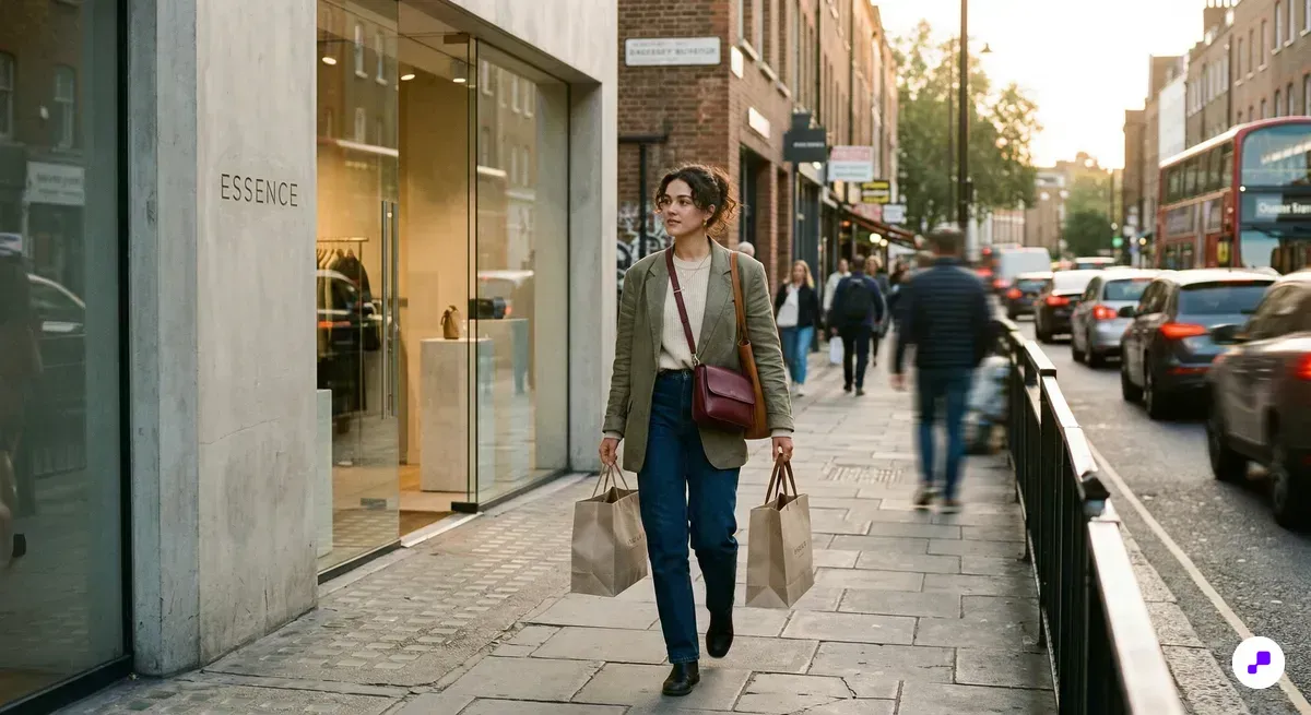 Young woman walking past a minimalist boutique storefront with shopping bags in golden hour urban street light
