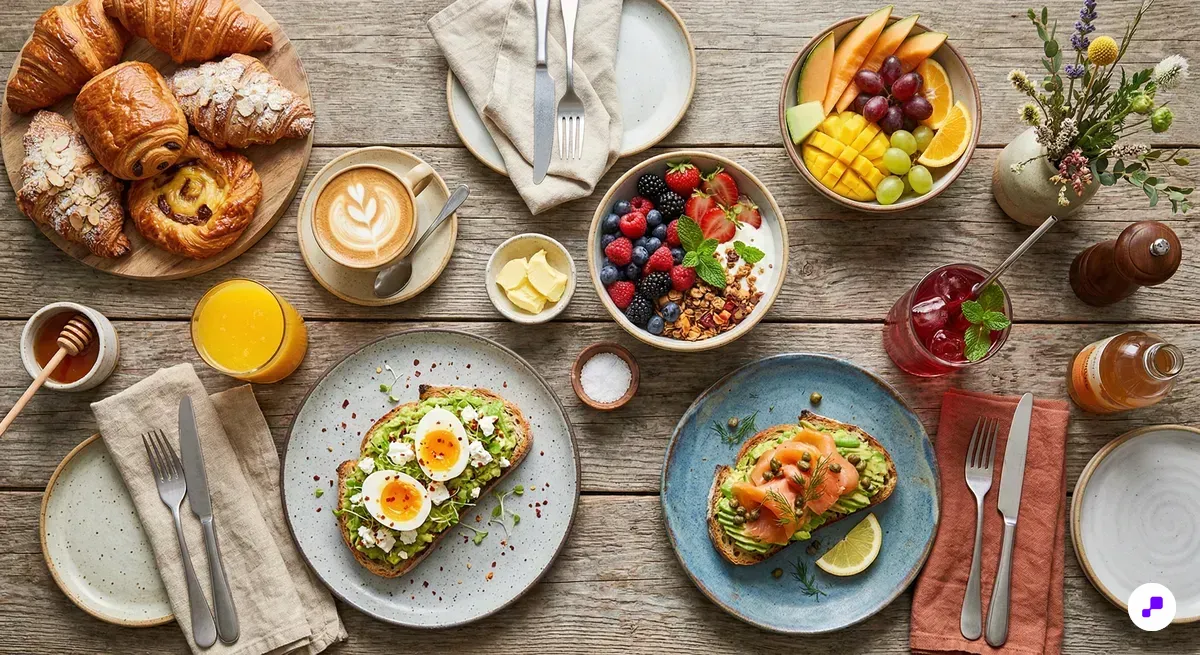 Overhead flat lay of a brunch spread on a rustic wooden table with artisan pastries, fresh fruit, and specialty drinks in bright natural daylight
