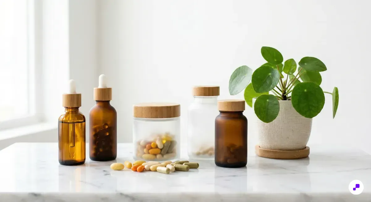 Premium supplement bottles and vitamin capsules arranged on a white marble surface with a green plant in soft studio lighting