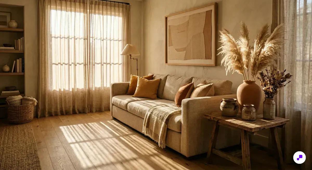 Curated living room vignette with linen sofa and dried pampas grass bathed in warm golden hour sunlight streaming through sheer curtains