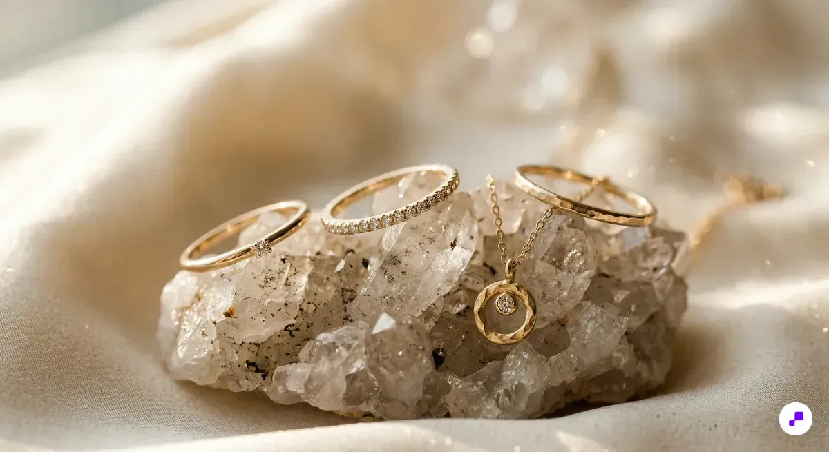 Delicate gold rings and pendant necklace resting on a raw quartz crystal with bokeh sparkle highlights and soft side lighting