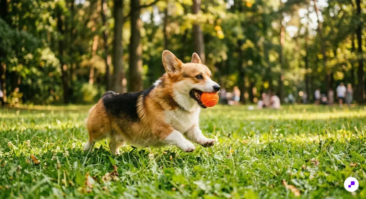 Corgi running through a sunny park carrying a bright orange toy with green grass bokeh and warm afternoon light