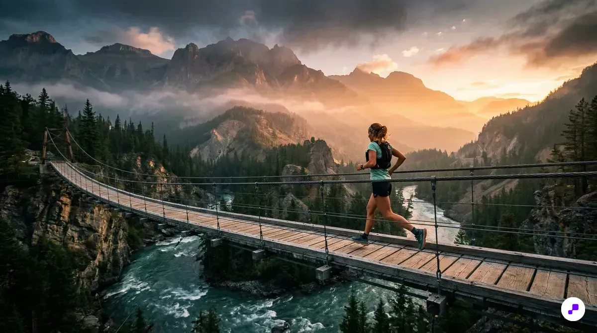 Trail runner crossing a wooden suspension bridge over a mountain river at sunrise with misty peaks and golden rim light