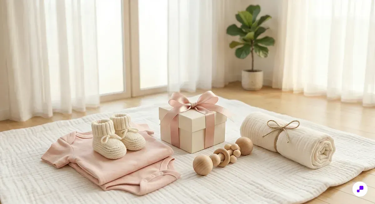 Pastel nursery flat lay with soft knitted baby booties, wooden rattle, and organic cotton onesie on a white muslin blanket in gentle natural light