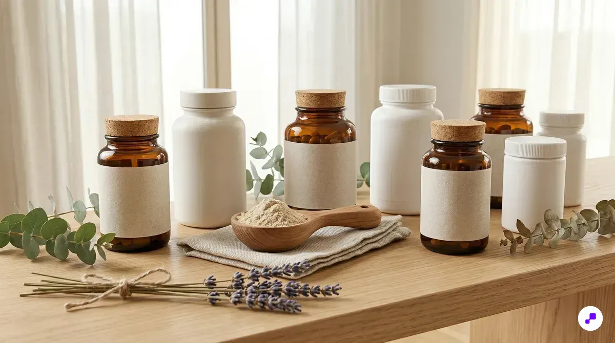 Scandinavian living room vignette with ceramic vase, pampas grass, linen books, and beeswax candle on wooden bench
