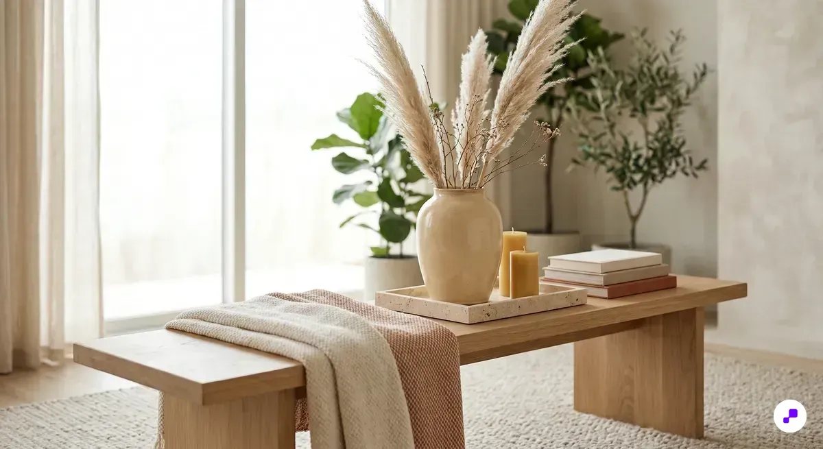Velvet jewelry display tray with delicate gold chain necklaces, stacked rings, and hoop earrings beside dried eucalyptus